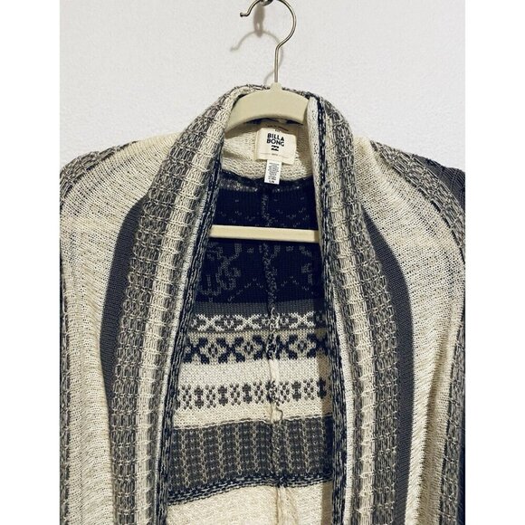 Billabong Cardigan Sweater Womens Large Ivory Brown Open Front Pointelle Drapey - Picture 3 of 8